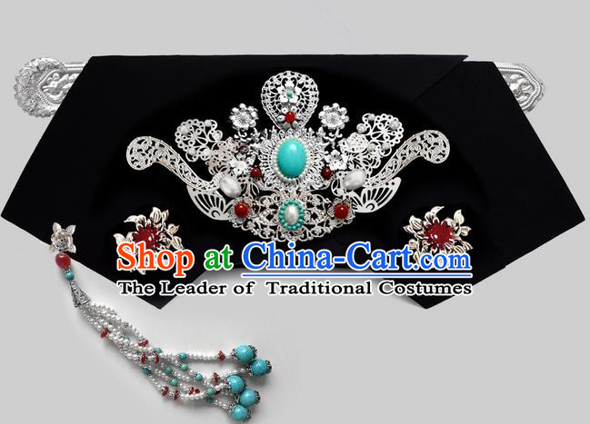 Traditional Ancient Chinese Imperial Consort Hair Jewellery Accessories, Chinese Qing Dynasty Manchu Palace Lady Headwear Zhen Huan Big La fin Tassel Headpiece, Chinese Mandarin Imperial Concubine Flag Head Hat Decoration Accessories for Women