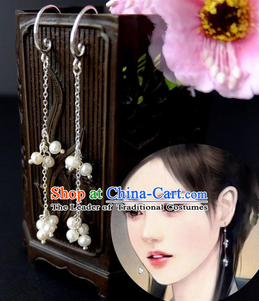 Traditional Handmade Chinese Ancient Classical Accessories, Chinese Eardrop Long Pearl Tassel Jewellery Earrings Hanfu Earbob for Women