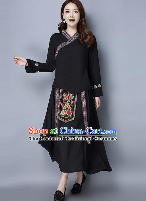 Traditional Ancient Chinese Costume, Elegant Hanfu Clothing Folk Dance Embroidered Black Slant Opening Blouse and Dress, China Tang Dynasty Princess Elegant Blouse and Skirt Complete Set for Women