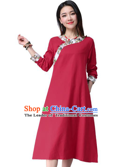 Traditional Ancient Chinese National Costume, Elegant Hanfu Printing Slant Opening Red Dress, China Tang Suit Cheongsam Garment Elegant Dress Clothing for Women