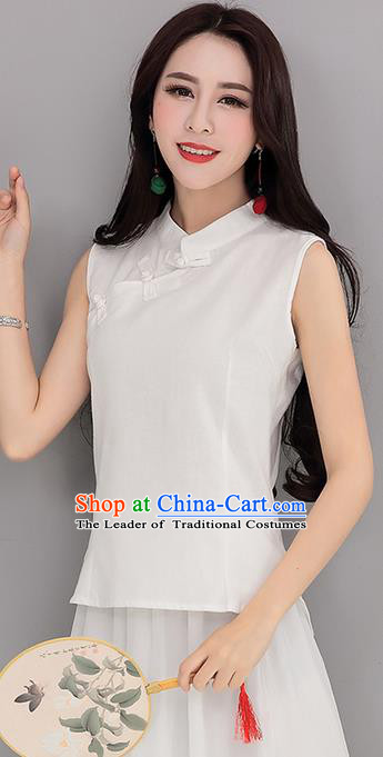 Traditional Chinese National Costume, Elegant Hanfu Linen Slant Opening White T-Shirt Vest, China Tang Suit Plated Buttons Sleeveless Shirt Blouse Cheong-sam Upper Outer Garment Qipao Shirts Clothing for Women