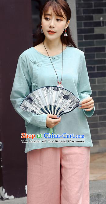 Traditional Chinese National Costume, Elegant Hanfu Linen Slant Opening Blue T-Shirt, China Tang Suit Plated Buttons Chirpaur Blouse Round Collar Cheong-sam Upper Outer Garment Qipao Shirts Clothing for Women