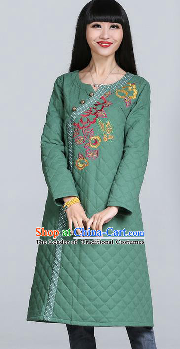 Traditional Chinese National Costume, Elegant Hanfu Cotton Wadded Embroidered Green Dress, China Tang Suit Chirpaur Cheongsam Garment Elegant Dress Clothing for Women