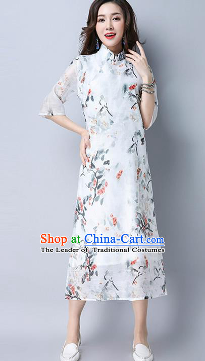 Traditional Ancient Chinese National Costume, Elegant Hanfu Mandarin Qipao Printing White Dress, China Tang Suit Cheongsam Upper Outer Garment Elegant Dress Clothing for Women