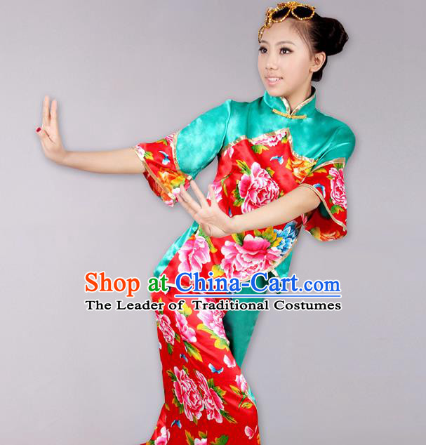 Traditional Chinese Yangge Fan Dancing Costume Complete Set, Folk Dance Yangko Costume Drum Dance Clothing for Women