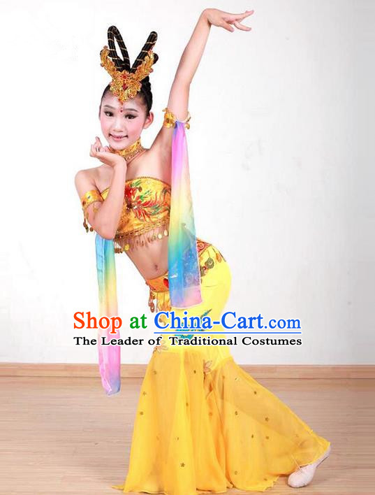Traditional Chinese Ancient Water Sleeve Dancing Children Girls Costume, Tang Dynasty Classical Flying Dance Costume Dance Clothing for Kids