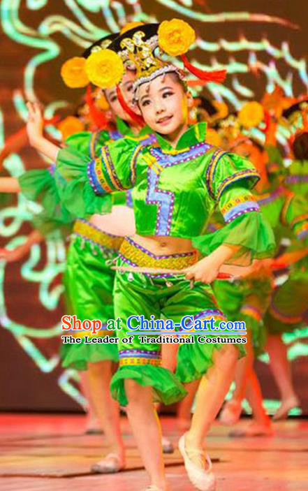 Traditional Chinese Yangge Fan Dancing Children Costume, Folk Dance Yangko Costume Lotus Dance Mandarin Sleeve Clothing for Kids
