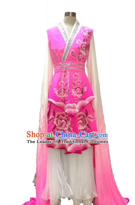 Traditional Chinese Ancient Peking Opera Long Water Sleeve Dancing True Silk Pink Costume, Classical Folk Dance Costume Drum Dance Clothing for Women