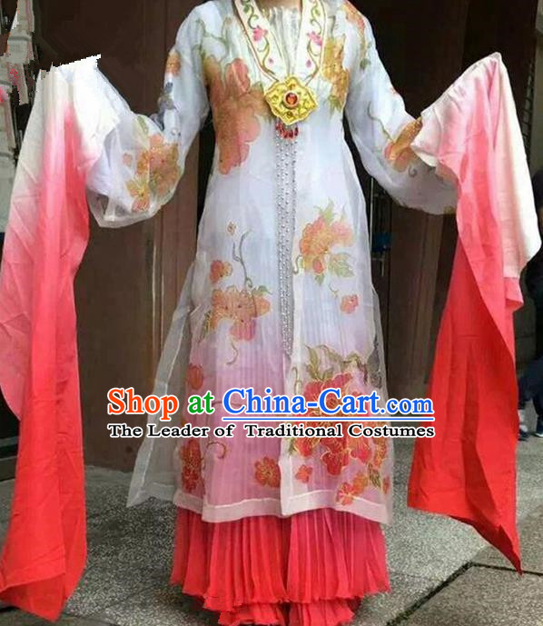 Traditional Chinese Ancient Peking Opera Diva Long Water Sleeve Dancing Costume Complete Set, Classical Folk Dance Costume Drum Dance Clothing for Women