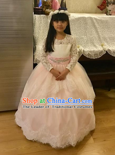 Traditional Chinese Modern Dancing Performance Costume, Children Opening Classic Chorus Singing Group Dance Uniforms, Modern Dance Classic Dance Pink Trailing Dress for Girls Kids