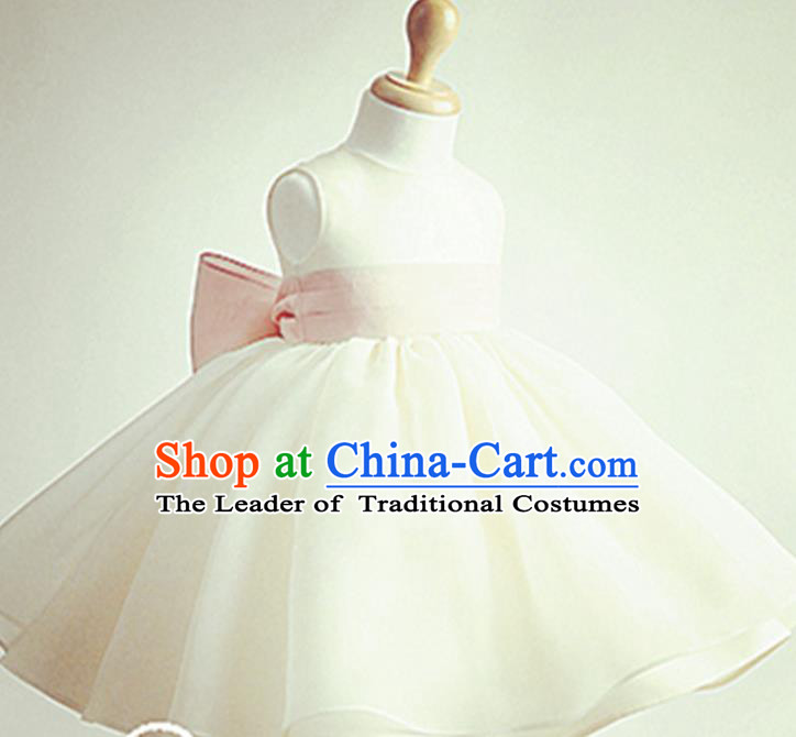 Traditional Chinese Modern Dancing Performance Costume, Children Opening Classic Chorus Singing Group Dance Evening Dress, Modern Dance Classic Dance Bubble Princess White Dress for Girls Kids