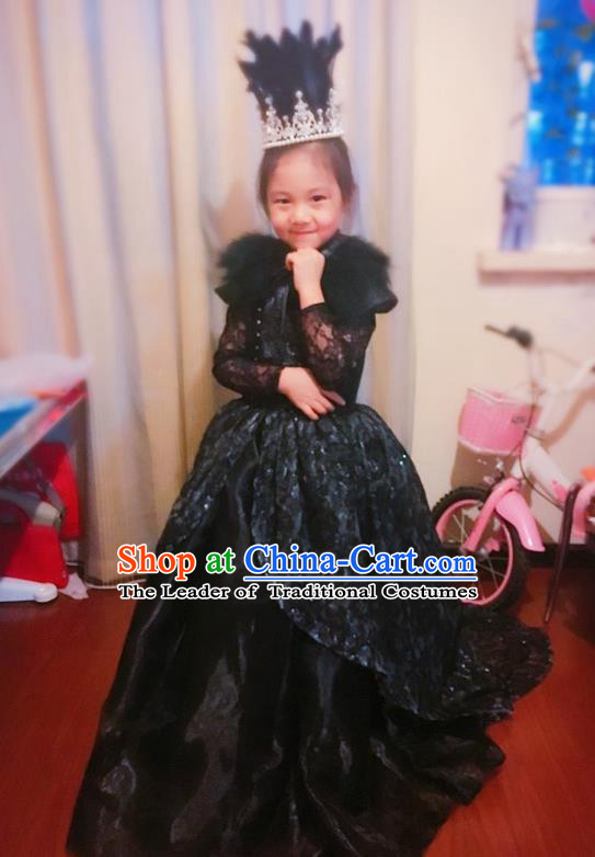 Traditional Chinese Modern Dancing Compere Costume, Children Opening Classic Chorus Singing Group Dance Veil Dress, Modern Dance Classic Dance Black Trailing Dress for Girls Kids