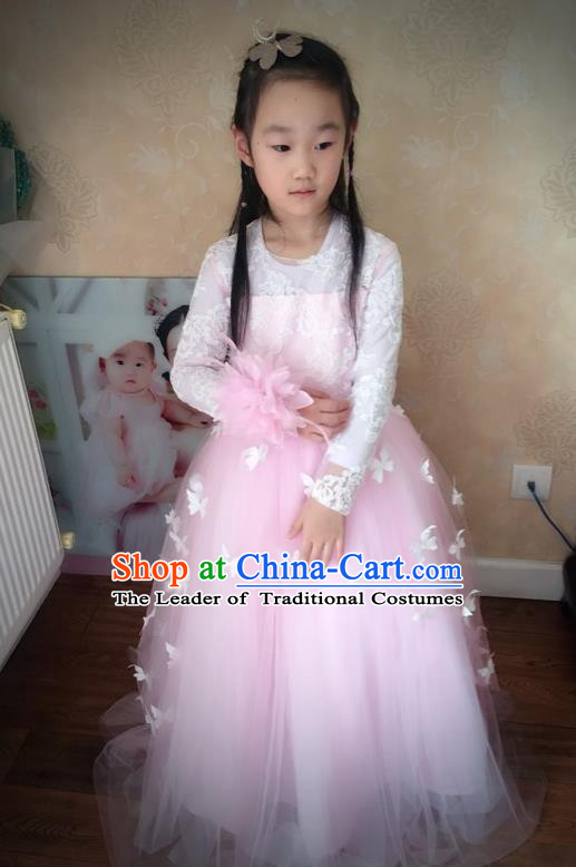 Traditional Chinese Modern Dancing Compere Performance Costume, Children Opening Classic Chorus Singing Group Dance Veil Evening Dress, Modern Dance Classic Dance Pink Trailing Dress for Girls Kids