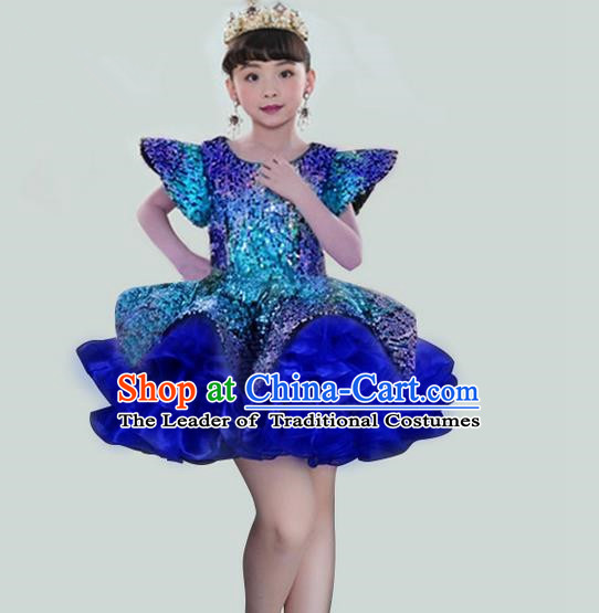 Traditional Chinese Modern Dancing Compere Performance Costume, Children Opening Classic Chorus Singing Group Dance Veil Evening Dress, Modern Dance Classic Dance Blue Bubble Dress for Girls Kids