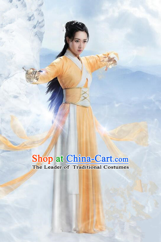 Traditional Ancient Chinese Swordswoman Elegant Costume, Chinese Ming Dynasty Chivalrous Heroine Yellow Dress, Cosplay Chinese Television Drama Flying Daggers Hanfu Clothing for Women