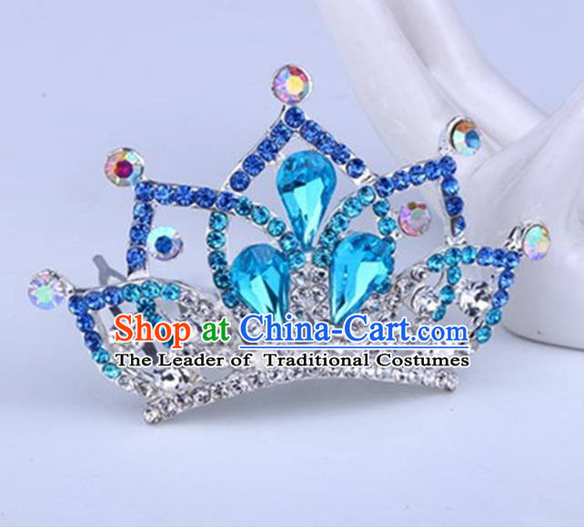 Top Grade Handmade Chinese Classical Hair Accessories, Children Baroque Style Headband Princess Royal Crown Blue Rhinestone Imperial Crown, Hair Sticks Hair Jewellery, Hair Clasp for Kids Girls