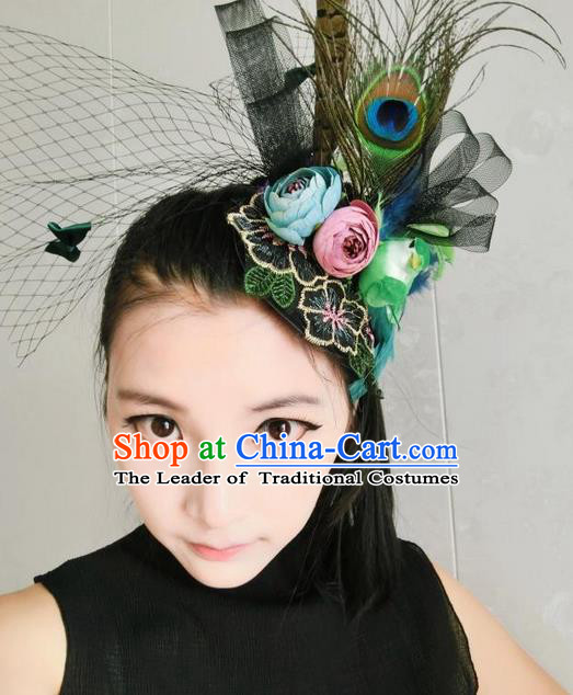 Top Grade Handmade Chinese Classical Hair Accessories, Children Baroque Style Headband Princess Black Royal Feather Crown, Hair Sticks Hair Jewellery, Hair Clasp for Kids Girls
