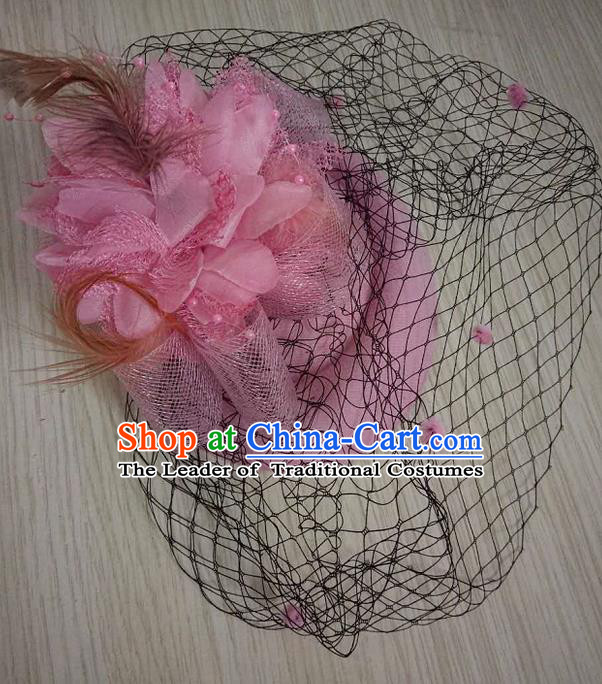 Top Grade Handmade Chinese Classical Hair Accessories, Children Baroque Style Headband Princess Light Pink Veil Top-hat, Hair Sticks Headwear Hats for Kids Girls