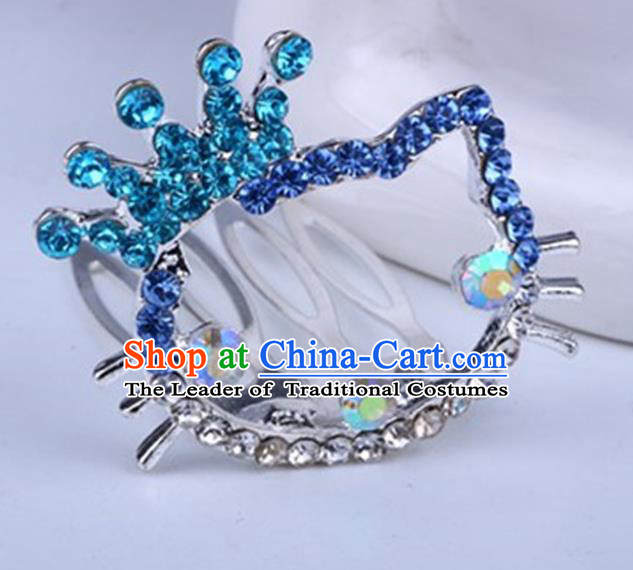 Top Grade Handmade Chinese Classical Hair Accessories, Children Baroque Style Headband Princess Blue Rhinestone Royal Crown, Hair Sticks Hair Jewellery, Cartoon Hair Clasp for Kids Girls