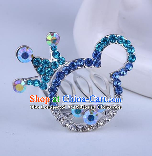 Top Grade Handmade Chinese Classical Hair Accessories, Children Baroque Style Headband Princess Blue Rhinestone Cute Royal Crown, Hair Sticks Hair Jewellery, Cartoon Hair Clasp for Kids Girls