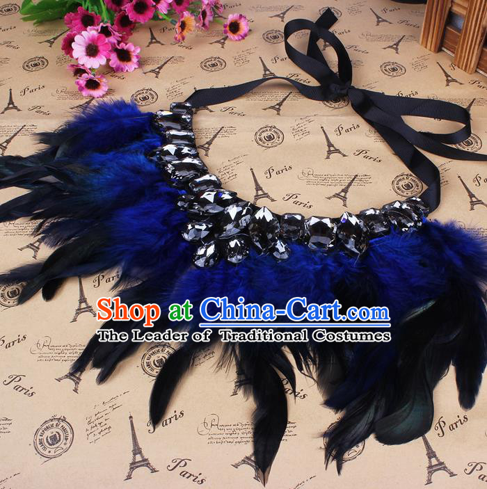 Top Grade Handmade Chinese Classical Accessories, Children Baroque Style Necklace, Full Dress Blue Feather Torques Collar for Kids Girls
