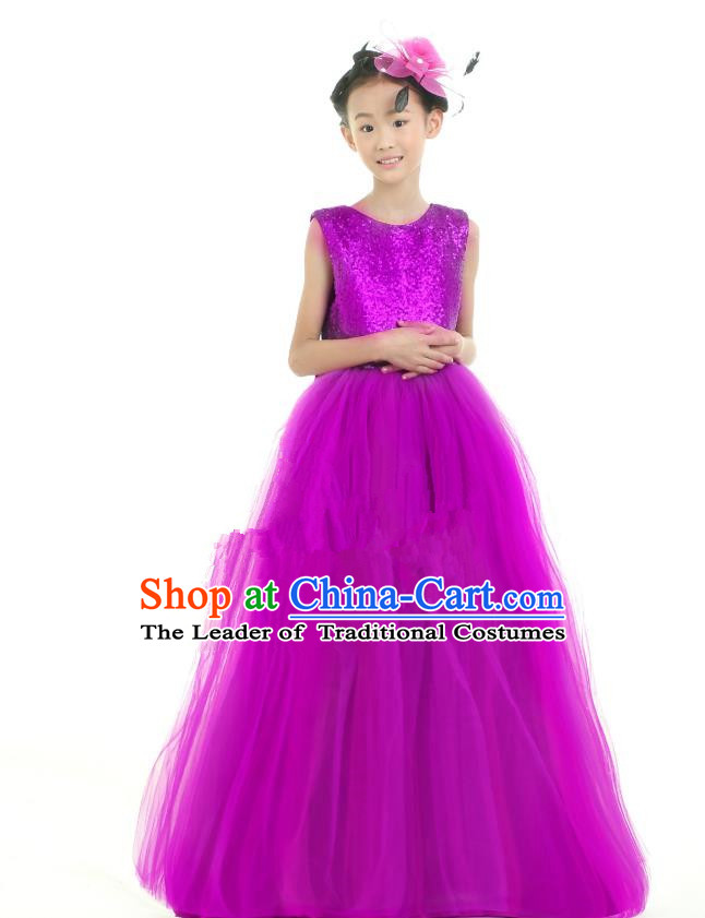 Traditional Chinese Modern Dancing Compere Performance Costume, Children Opening Classic Chorus Singing Group Dance Princess Purple Long Full Dress, Modern Dance Halloween Party Dress for Girls Kids
