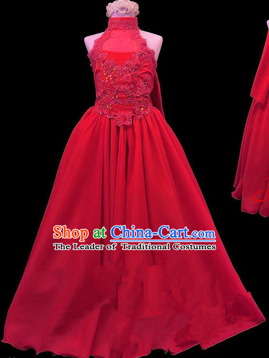 Traditional Chinese Modern Dancing Compere Performance Costume, Children Opening Classic Chorus Singing Group Dance Princess Red Long Full Dress, Modern Dance Halloween Party Dress for Girls Kids