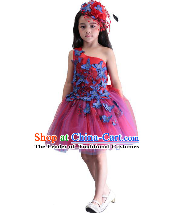 Top Grade Chinese Compere Performance Costume, Children Chorus Singing Group Embroidery Butterfly Red Full Dress Modern Dance Bubble Dress for Girls Kids