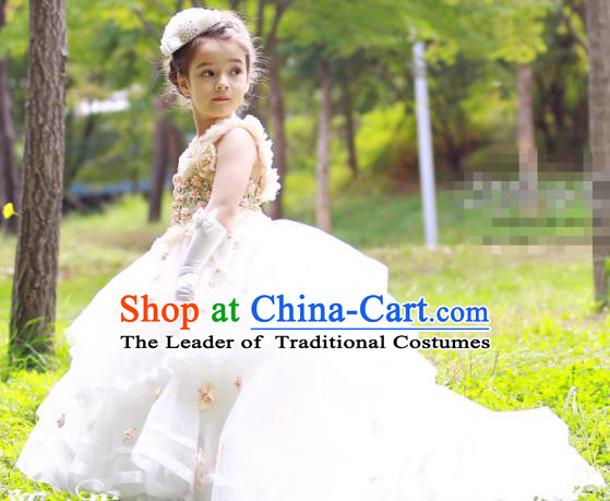 Top Grade Chinese Compere Performance Costume, Children Chorus Singing Group White Long Full Dress Modern Dance Flowers Trailing Dress for Girls Kids