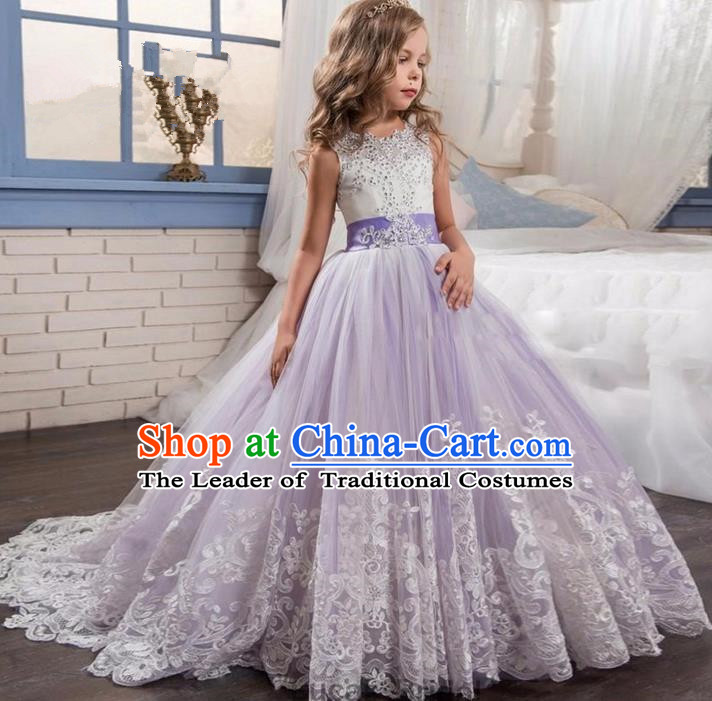 Top Grade Chinese Compere Performance Costume, Children Chorus Singing Group Purple Long Full Dress Modern Dance Big Swing Bubble Dress for Girls Kids