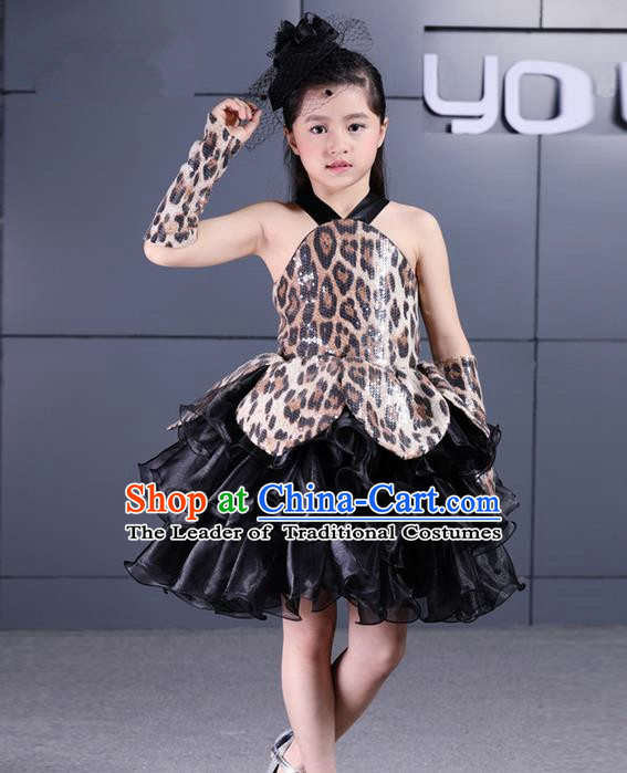 Top Grade Chinese Compere Performance Costume, Children Chorus Singing Group Black Veil Full Dress Modern Dance Leopard Bubble Short Dress for Girls Kids