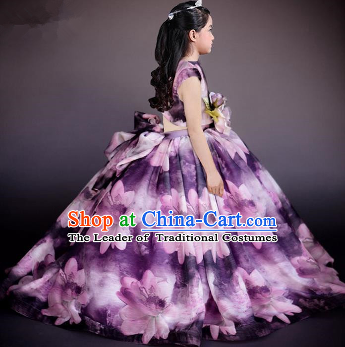 Top Grade Chinese Compere Performance Costume, Children Chorus Singing Group Baby Princess Full Dress Modern Dance Big Swing Long Flowers Dress for Girls Kids