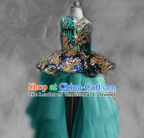 Top Grade Chinese Compere Catwalks Performance Costume, Children Chorus Singing Group Baby Princess Peacock Blue Full Dress Modern Dance Trailing Dress for Girls Kids