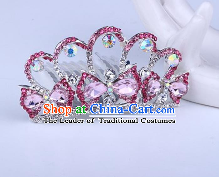 Top Grade Handmade Classical Swan Hair Accessories, Children Baroque Style Crystal Hairpins Rhinestone Princess Pink Royal Crown Hair Jewellery Hair Clasp for Kids Girls