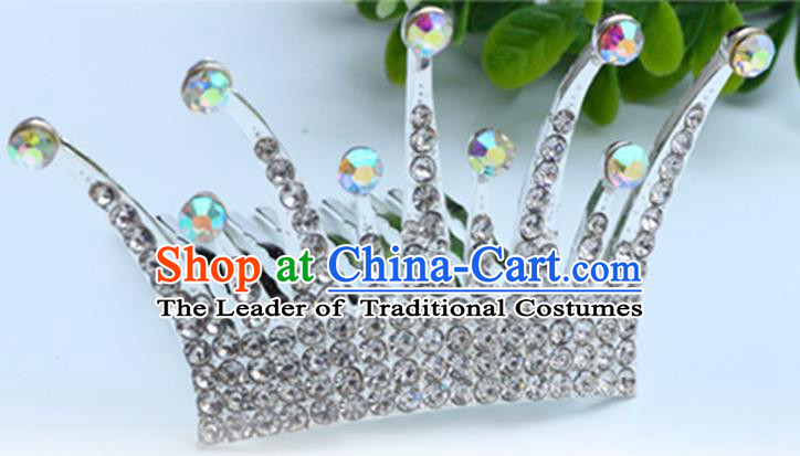 Top Grade Handmade Classical Hair Accessories Hair Comb, Children Baroque Style Crystal Hairpins Rhinestone Princess White Royal Crown Hair Jewellery Hair Clasp for Kids Girls