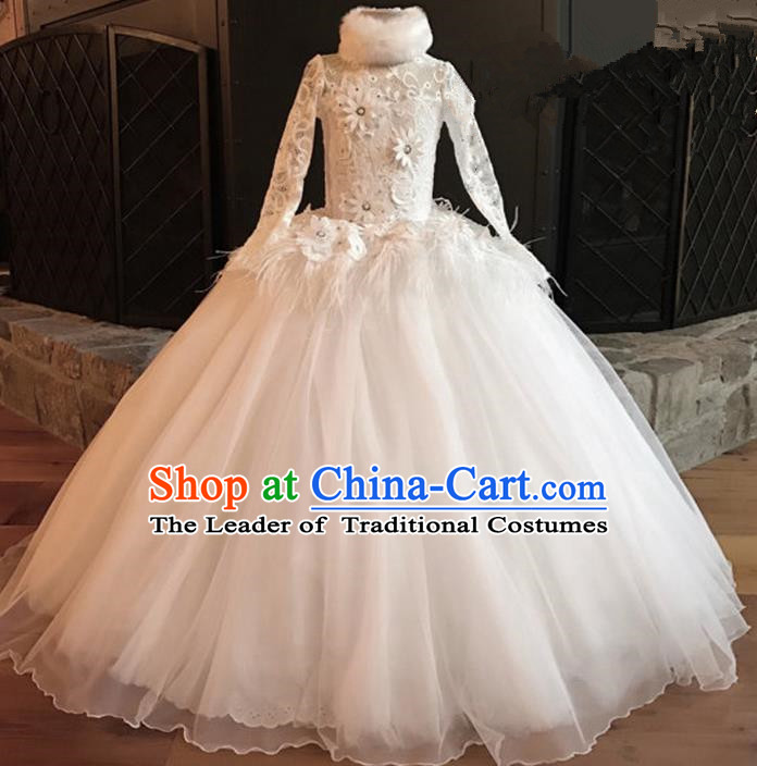 Top Grade Professional Compere Performance Catwalks Costume, Children Chorus Singing Group White Fur Collar Lace Full Dress Modern Dance Big Swing Bubble Dress for Girls Kids