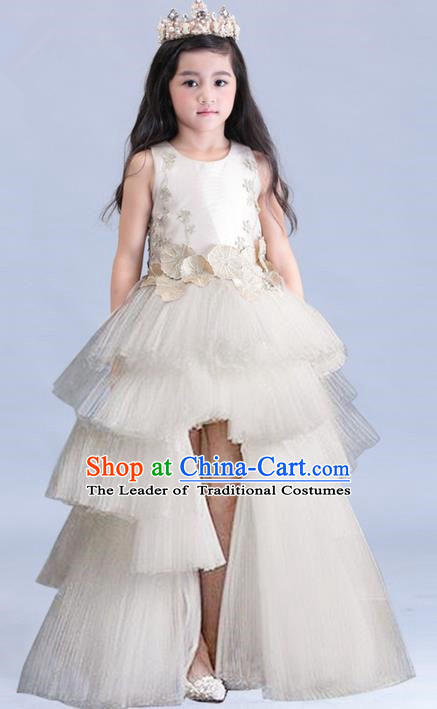 Top Grade Professional Compere Performance Catwalks Costume, Children Chorus Singing Group Baby Princess Piano Recital Champagne Full Dress Modern Dance Trailing Long Dress for Girls Kids