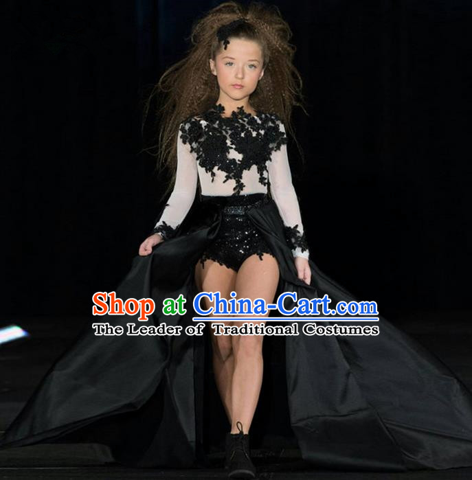 Top Grade Professional Compere Performance Catwalks Costume, Children Chorus Singing Group Black And White Colours Full Dress Modern Dance Trailing Dress for Girls Kids