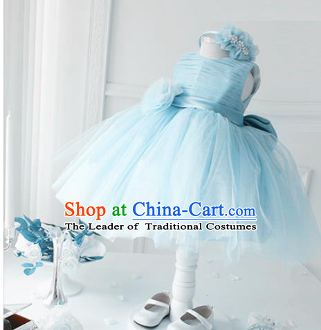 Top Grade Professional Compere Performance Catwalks Costume, Children Chorus Singing Group Little Princess Blue Wedding Veil Full Dress Modern Dance Bubble Dress for Girls Kids