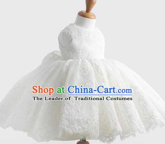 Top Grade Professional Compere Performance Catwalks Costume, Children Chorus Singing Group Little Princess Full Dress Modern Dance White Bubble Dress for Girls Kids