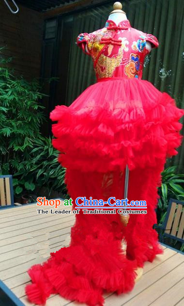 Top Grade Professional Compere Performance China Style Catwalks Costume, Children Chorus Singing Group Dragon Robes Red Full Dress Modern Dance Trailing Dress for Girls Kids