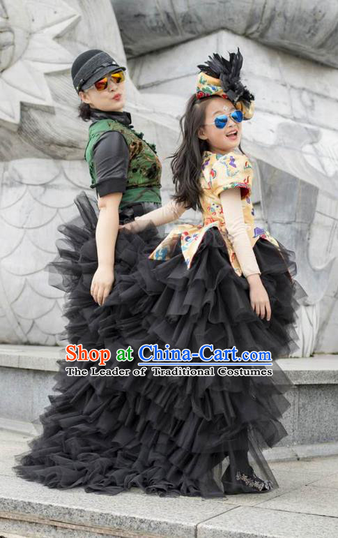 Top Grade Professional Compere Performance China Style Catwalks Costume, Children Chorus Singing Group Dragon Robes Black Full Dress Modern Dance Trailing Dress for Girls Kids