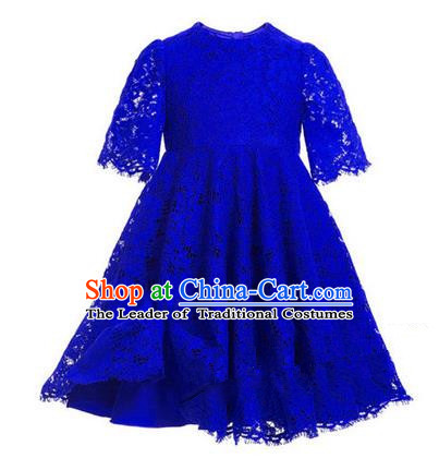 Top Grade Professional Compere Performance Catwalks Costume, Children Chorus Singing Group Blue Lace Dress Full Dress Modern Dance Short Dress for Girls Kids