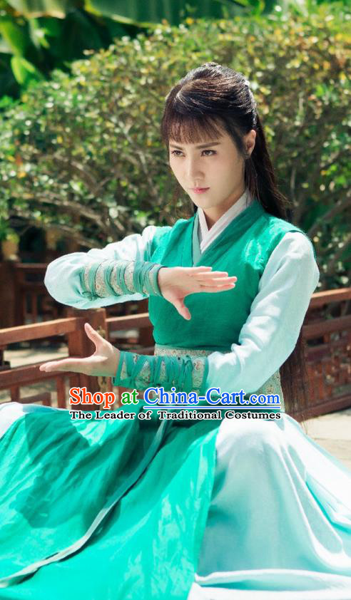 Traditional Ancient Chinese Elegant Swordsman Costume and Handmade Headpiece Complete Set, Chinese Television Drama Flying Daggers Jiang Hu Young Lady Dress Chinese Ming Dynasty Heroine Hanfu Clothing for Women