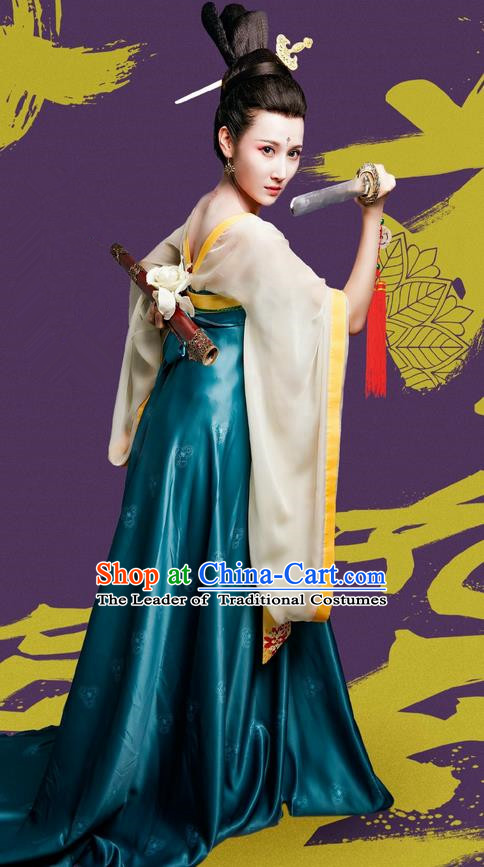 Traditional Ancient Chinese Elegant Swordswoman Costume and Handmade Headpiece Complete Set, Chinese Television Drama Concubine Meng Comes Across Palace Lady Dress Chinese Tang Dynasty Princess Clothing for Women