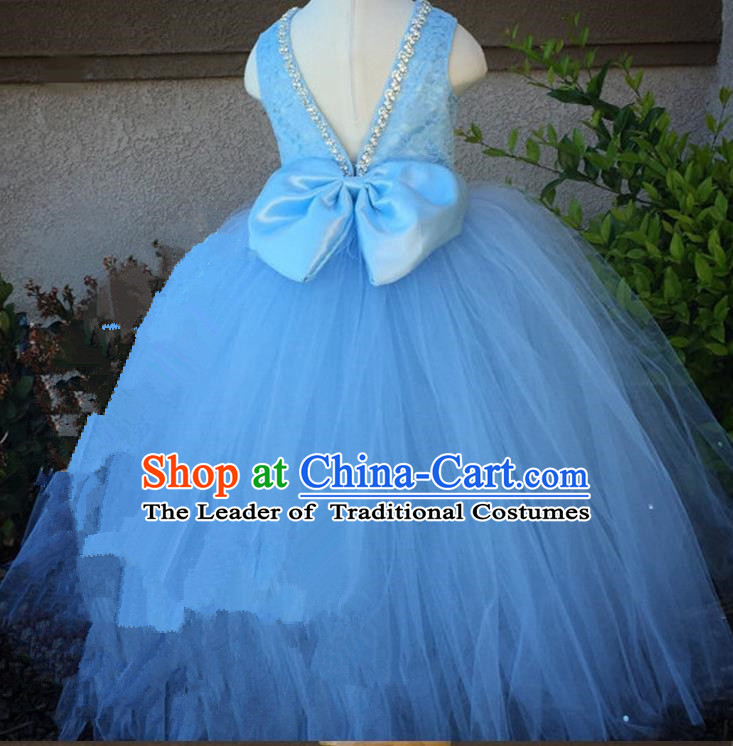 Top Grade Chinese Compere Professional Performance Catwalks Costume, Children Chorus Singing Group Bowknot Bubble Full Dress Modern Dance Blue Long Dress for Girls Kids