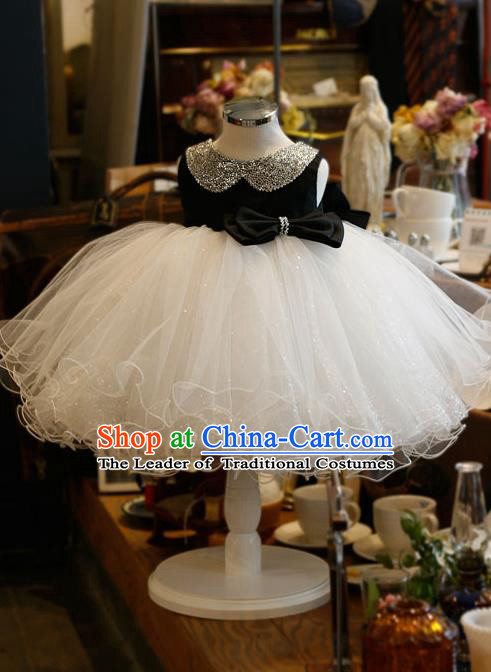 Top Grade Chinese Compere Professional Performance Catwalks Costume, Children Chorus Singing Group Bubble Veil Full Dress Modern Dance White and Black Dress for Girls Kids