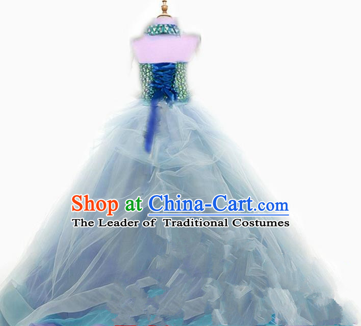 Top Grade Chinese Compere Professional Performance Catwalks Costume, Children Chorus Singing Group Flowers Big Swing Formal Dress Modern Dance Little Princess Long Trailing Dress for Girls Kids