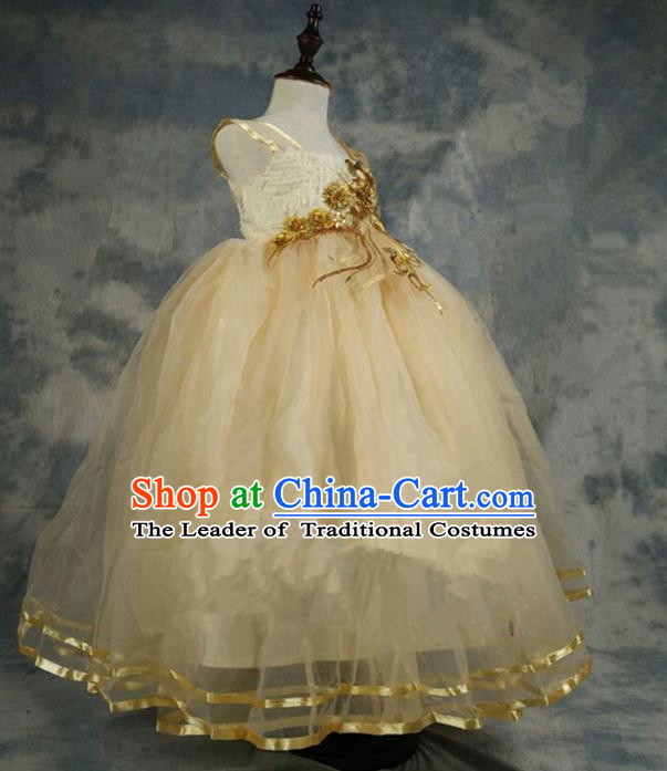 Top Grade Chinese Compere Professional Performance Catwalks Costume, Children Chorus Champagne Bubble Formal Dress Modern Dance Baby Princess Veil Long Dress for Girls Kids