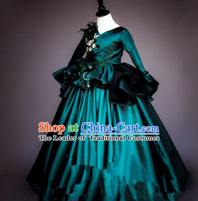 Top Grade Chinese Compere Professional Performance Catwalks Costume, Children Chorus Green Big Swing Wedding Formal Dress Modern Dance Baby Princess Long Bubble Dress for Girls Kids